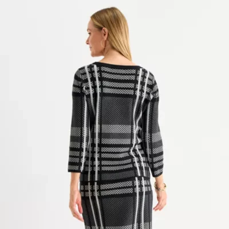 Liz Claiborne Womens Crew Neck 3/4 Sleeve Plaid Pullover Sweater