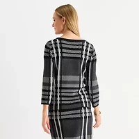 Liz Claiborne Womens Crew Neck 3/4 Sleeve Plaid Pullover Sweater