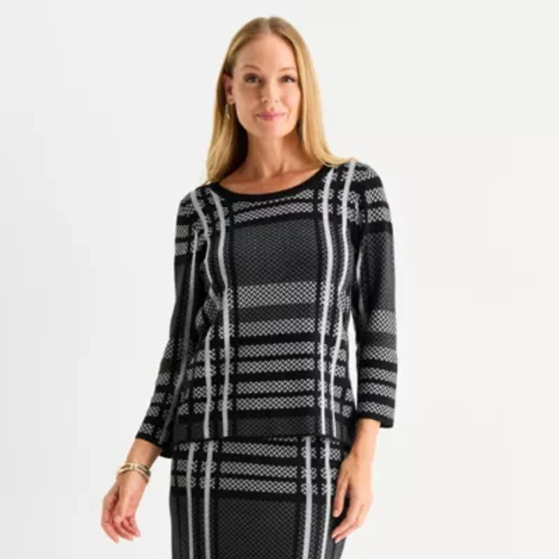 Liz Claiborne Womens Crew Neck 3/4 Sleeve Plaid Pullover Sweater