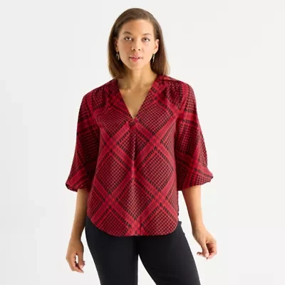 Liz Claiborne Womens V Neck 3/4 Sleeve Satin Blouse