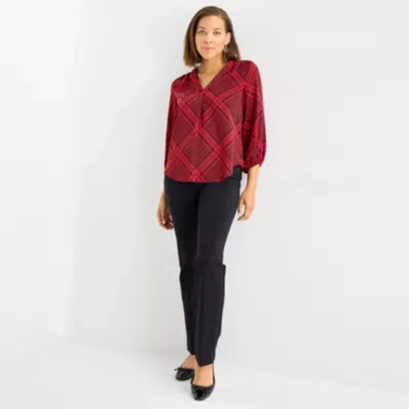 Liz Claiborne Womens V Neck 3/4 Sleeve Satin Blouse