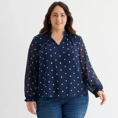 St. John's Bay Womens Plus Split Crew Neck Long Sleeve Blouse