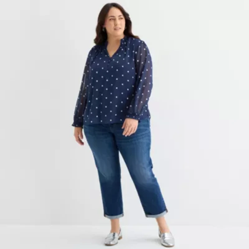 St. John's Bay Womens Plus Split Crew Neck Long Sleeve Blouse