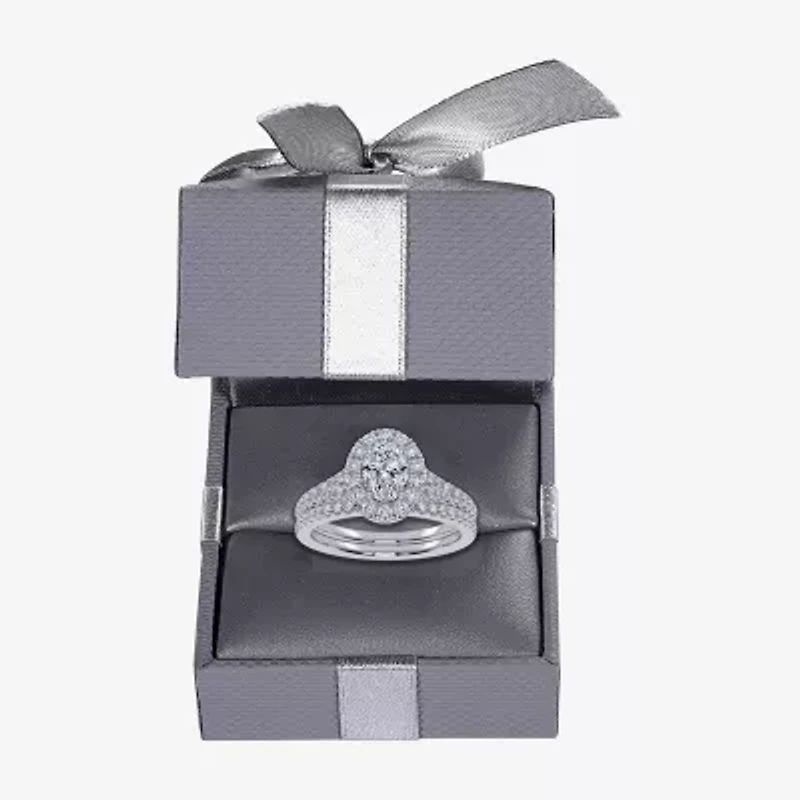 (G / Vs2-Si1) Womens 1 CT. T.W. Lab Grown White Diamond 10K Gold Oval Side Stone Halo Bridal Set