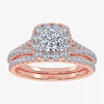 G / Vs2-Si1) Womens 1 CT. T.W. Lab Grown White Diamond 10K Rose Gold Cushion Side Stone Halo Bridal Set