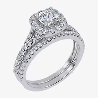G / Vs2-Si1) Womens 1 CT. T.W. Lab Grown White Diamond 10K Gold Cushion Side Stone Halo Bridal Set