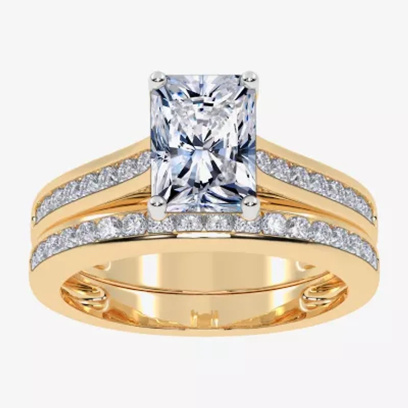(G / Vs2-Si1) Womens 1 1/2 CT. T.W. Lab Grown White Diamond 10K Gold Rectangular Side Stone Bridal Set