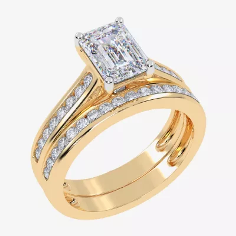 (G / Vs2-Si1) Womens 1 1/2 CT. T.W. Lab Grown White Diamond 10K Gold Rectangular Side Stone Bridal Set