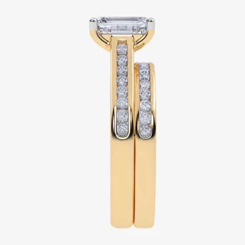 (G / Vs2-Si1) Womens 1 1/2 CT. T.W. Lab Grown White Diamond 10K Gold Rectangular Side Stone Bridal Set