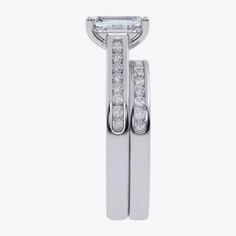 G / Vs2-Si1) Womens 1 1/2 CT. T.W. Lab Grown White Diamond 10K Gold Rectangular Side Stone Bridal Set