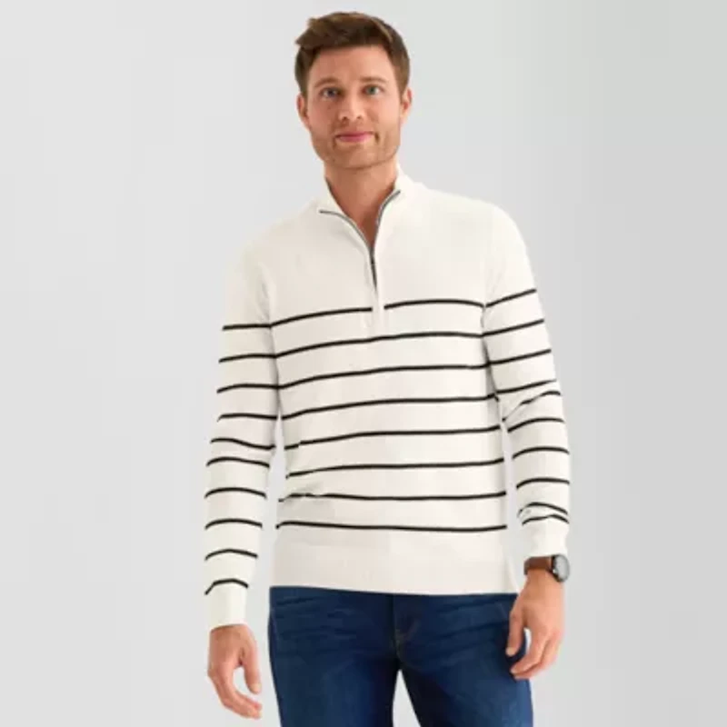 St. John's Bay Fine Gauge Mens Mock Neck Long Sleeve Striped Quarter-Zip Pullover Sweater