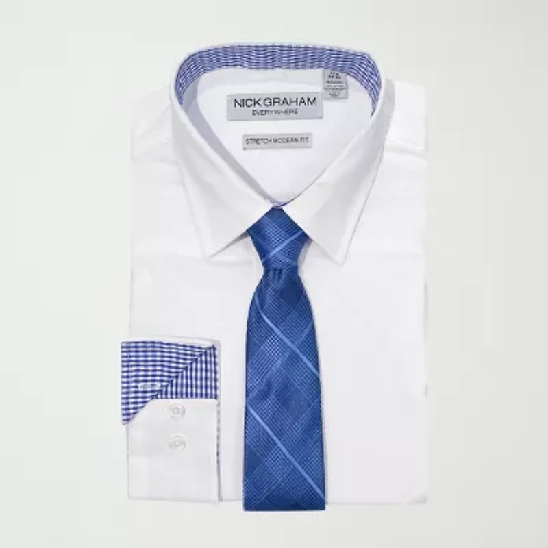 Nick Graham Mens Spread Collar Long Sleeve Stretch Fabric Shirt + Tie Set