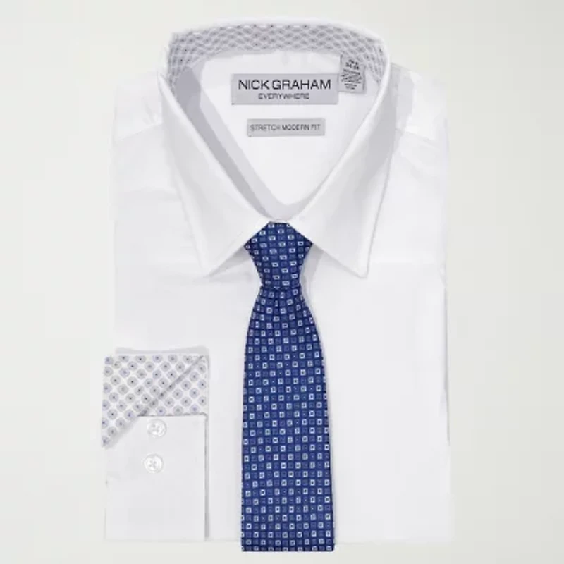 Nick Graham Mens Spread Collar Long Sleeve Shirt + Tie Set