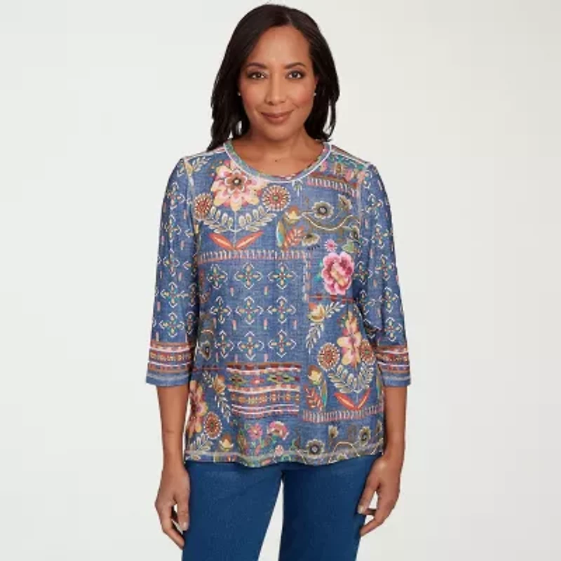 Alfred Dunner El Paso Womens Crew Neck 3/4 Sleeve T-Shirt