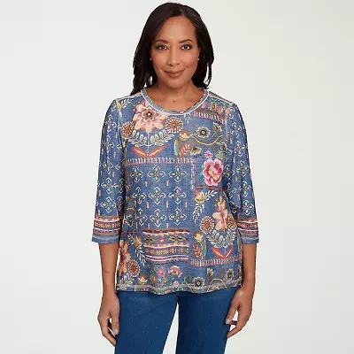 Alfred Dunner El Paso Womens Crew Neck 3/4 Sleeve T-Shirt