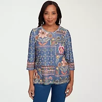 Alfred Dunner El Paso Womens Crew Neck 3/4 Sleeve T-Shirt