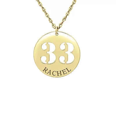 Personalized Womens 14K Gold Name and Number Round Pendant Necklace