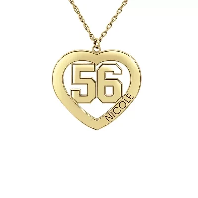 Personalized Womens 24K Gold Over Silver Name and Player Number Heart Pendant Necklace