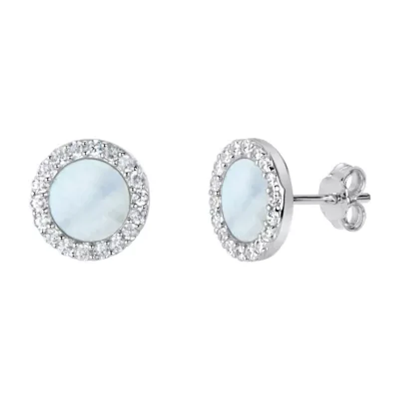 White Mother Of Pearl Sterling Silver 9mm Round Stud Earrings