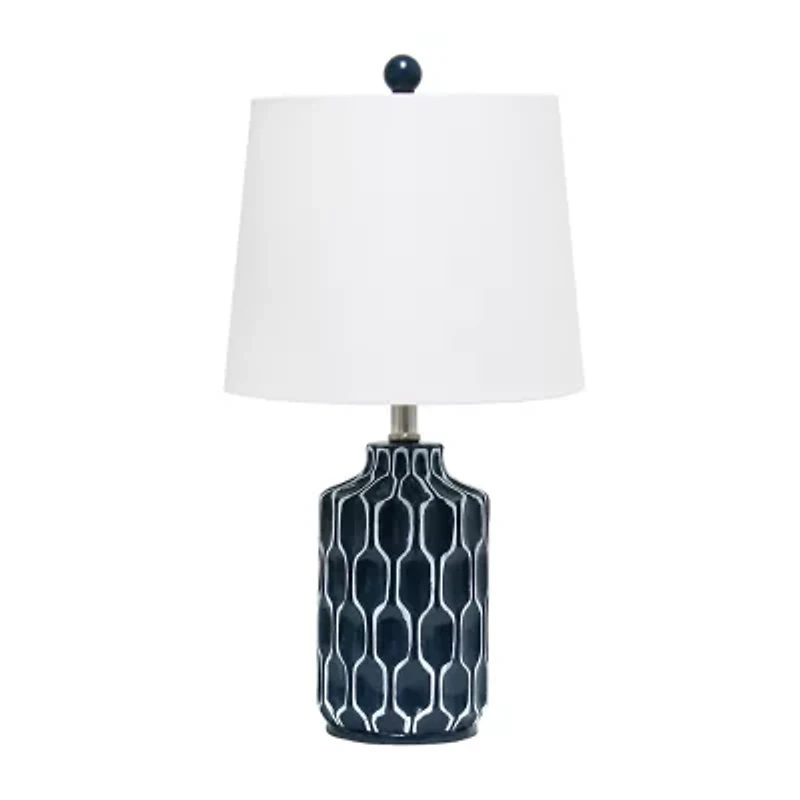 Blue Polyresin Table Lamp with White Fabric Shade