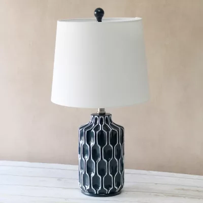 Blue Polyresin Table Lamp with White Fabric Shade