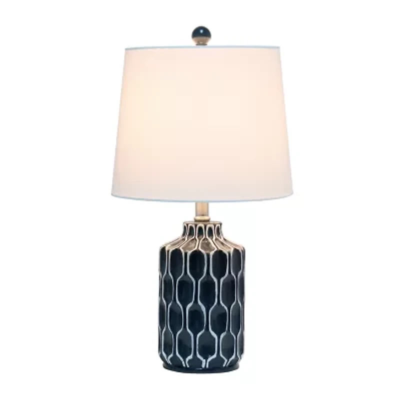 Blue Polyresin Table Lamp with White Fabric Shade