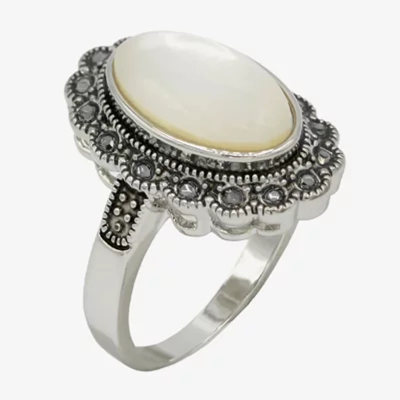 Sparkle Allure Antique Womens White Mother Of Pearl Pure Silver Over Brass Oval Cocktail Ring