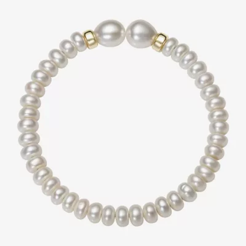 Womens White Cultured Freshwater Pearl 14K Gold Bangle Bracelet