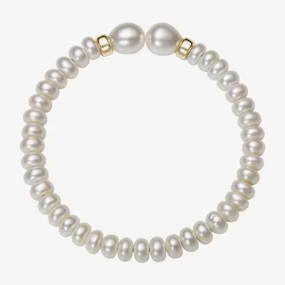 Womens White Cultured Freshwater Pearl 14K Gold Bangle Bracelet