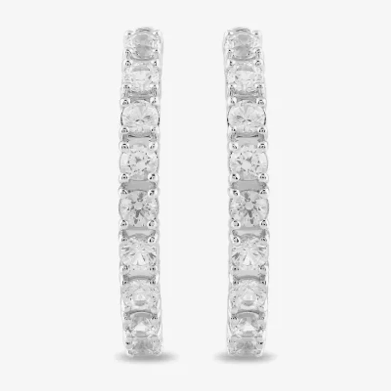 Womens Lab Created White Sapphire Sterling Silver 6.3mm Hoop Earrings