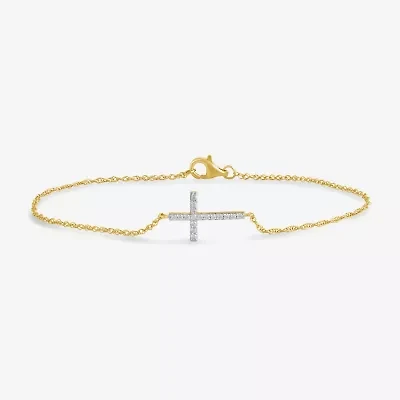 1/10 Ct. T.W. Sideways Cross Womens 10K Gold 7.25 Inch Rope Cross Chain Bracelet