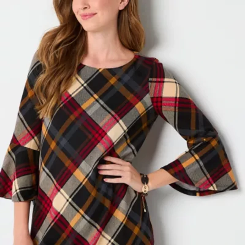 Jessica Howard Womens Petite 3/4 Sleeve Plaid Shift Dress