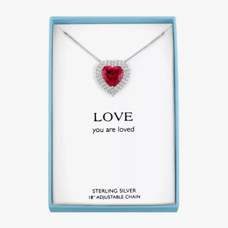 Womens Lab Created Red Ruby Sterling Silver Heart Inch Pendant Necklace