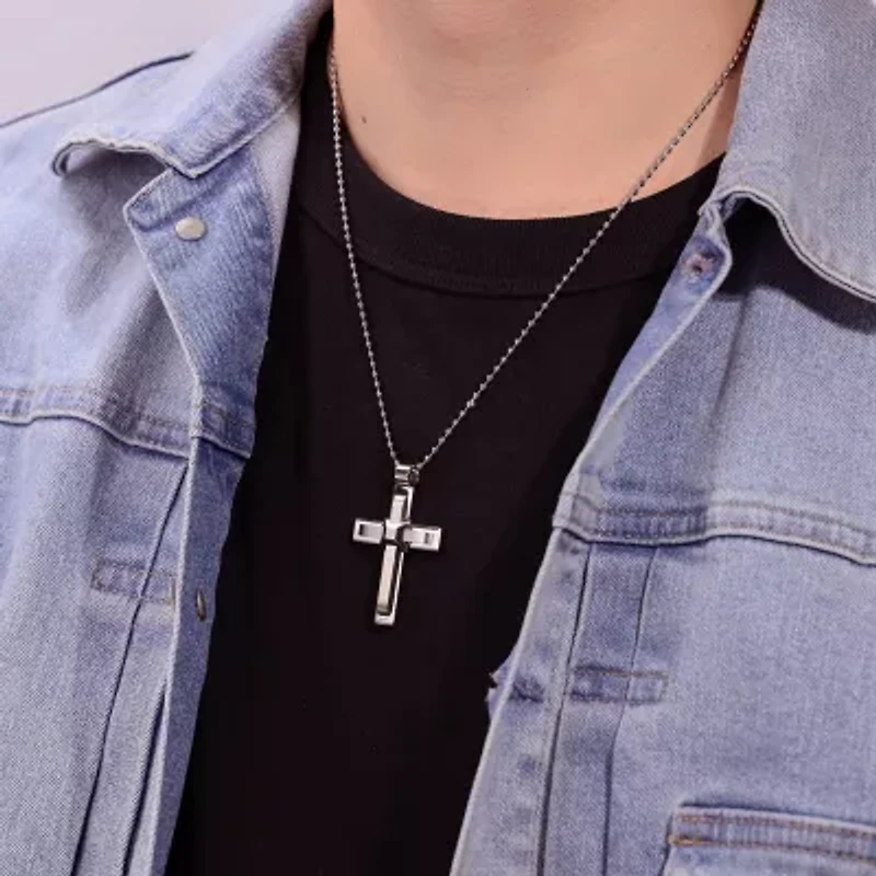 Mens Cubic Zirconia Stainless Steel Triple Layer Cross Pendant Necklace