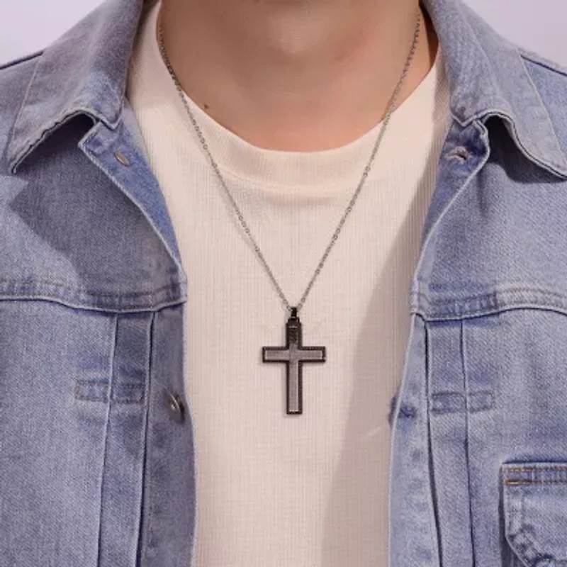 Mens Gunmetal Gray IP Stainless Steel and Carbon Fiber Cross Pendant Necklace