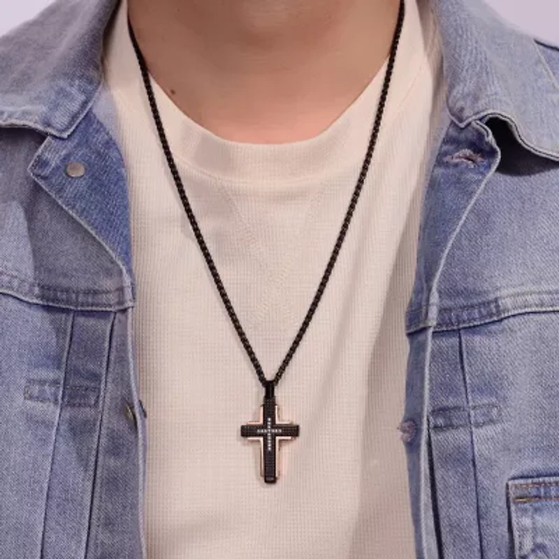 Mens Cubic Zirconia Black Stainless Steel and Rose IP Textured Cross Pendant Necklace