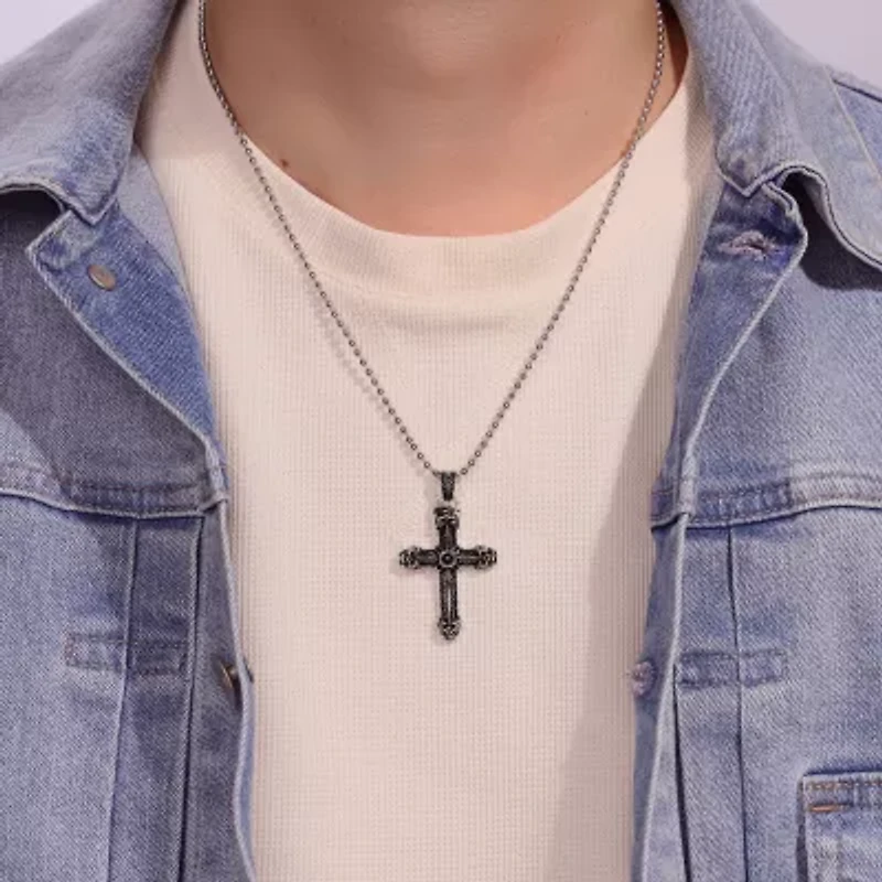 Mens Black Agate Two-Tone Stainless Steel Cross Pendant Necklace