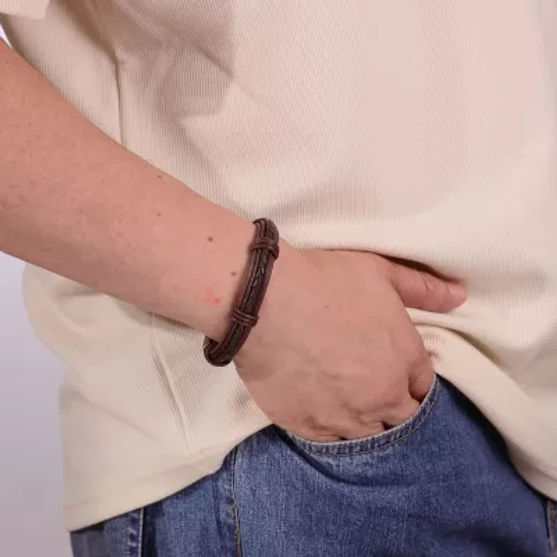 Mens Brown Leather Stainless Steel Bracelet