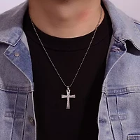Mens Hammered Stainless Steel Cross Pendant Necklace