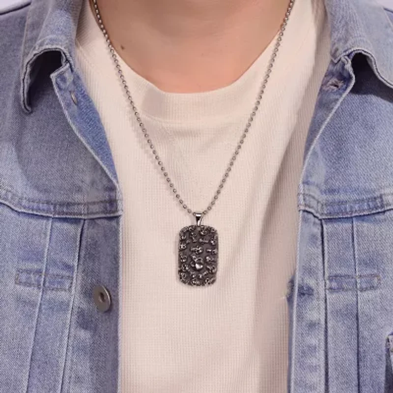 Mens Stainless Steel & Black IP Skull Dog Tag Pendant Necklace