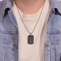 Mens Stainless Steel & Black IP Skull Dog Tag Pendant Necklace