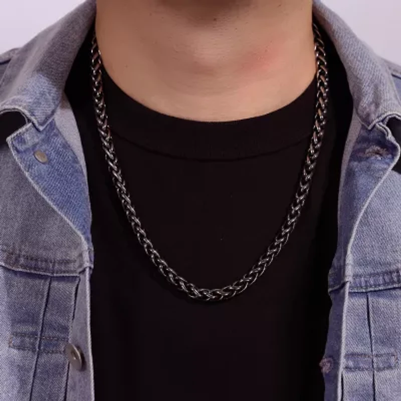 Mens Stainless Steel & Black IP 24" 8mm Wheat Chain