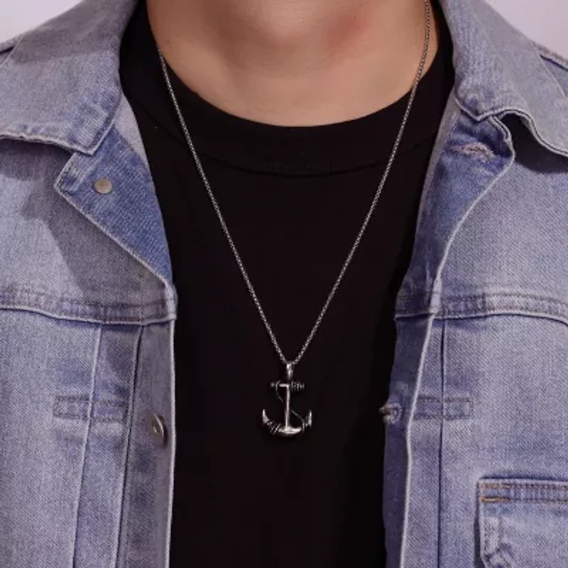 Mens Stainless Steel Anchor Cross Pendant Necklace
