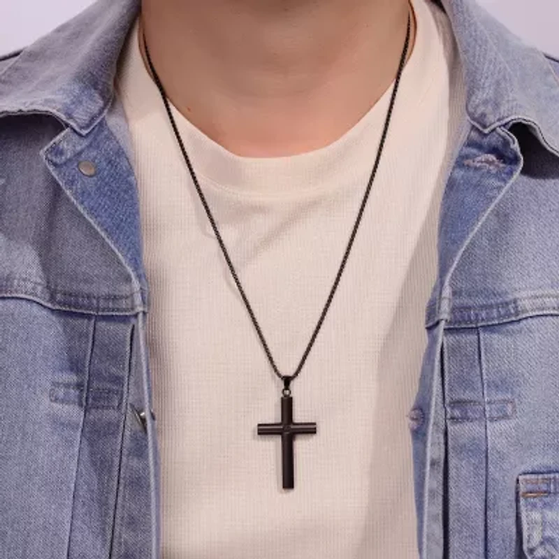 Mens Cubic Zirconia Stainless Steel Cross Inch Pendant Necklace