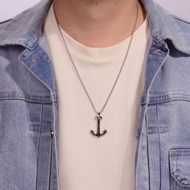Mens 3 CT. T.W. Black Cubic Zirconia Stainless Steel Anchor 24 Inch Pendant Necklace