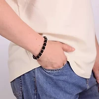 Mens Black Agate Stainless Steel Beaded Bracelet