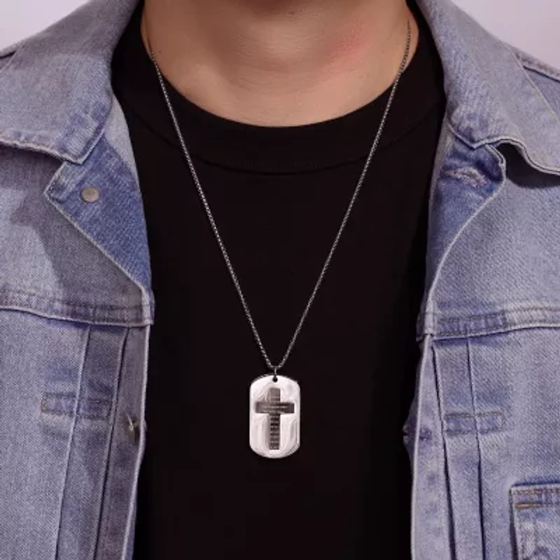 Lord'S Prayer Mens Stainless Steel Cross Dog Tag 24 Inch Pendant Necklace