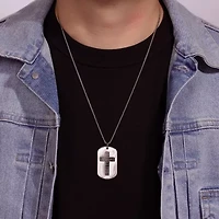 Lord'S Prayer Mens Stainless Steel Cross Dog Tag 24 Inch Pendant Necklace