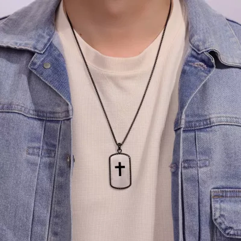Mens Stainless Steel Cross Dog Tag 24 Inch Pendant Necklace