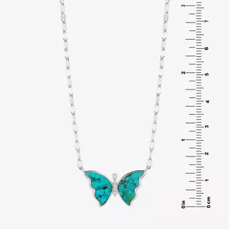 Womens Blue Turquoise Sterling Silver Butterfly 16 Inch Pendant Necklace